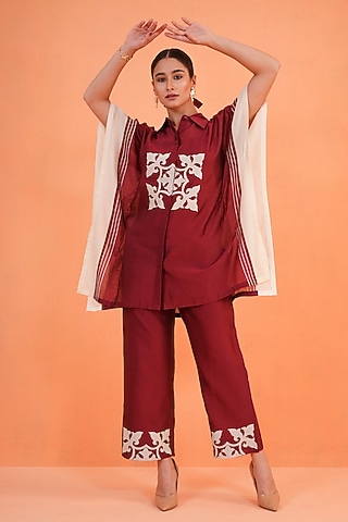 Maroon Chanderi Silk Embroidered Tunic Set by ORIGANI