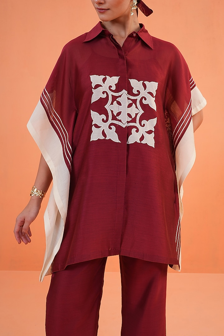 Maroon Chanderi Silk Embroidered Tunic Set by ORIGANI at Pernia's Pop Up Shop