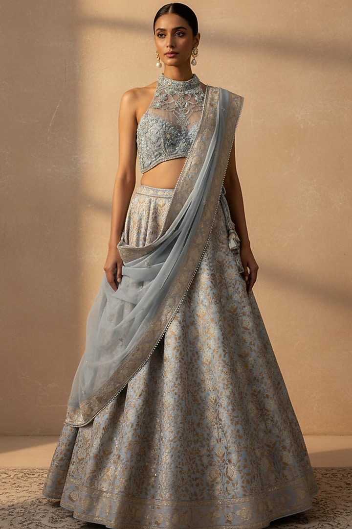 Powder Blue Silk Brocade Butta Printed & Hand Embroidered Wedding Lehenga Set by ORGANZZA at Pernia's Pop Up Shop