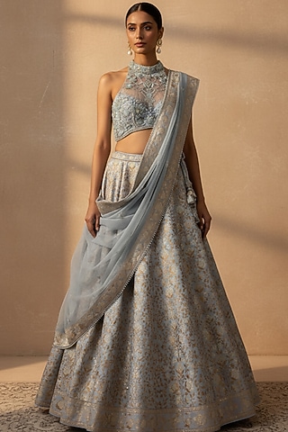 Powder Blue Silk Brocade Butta Printed & Hand Embroidered Lehenga Set by ORGANZZA