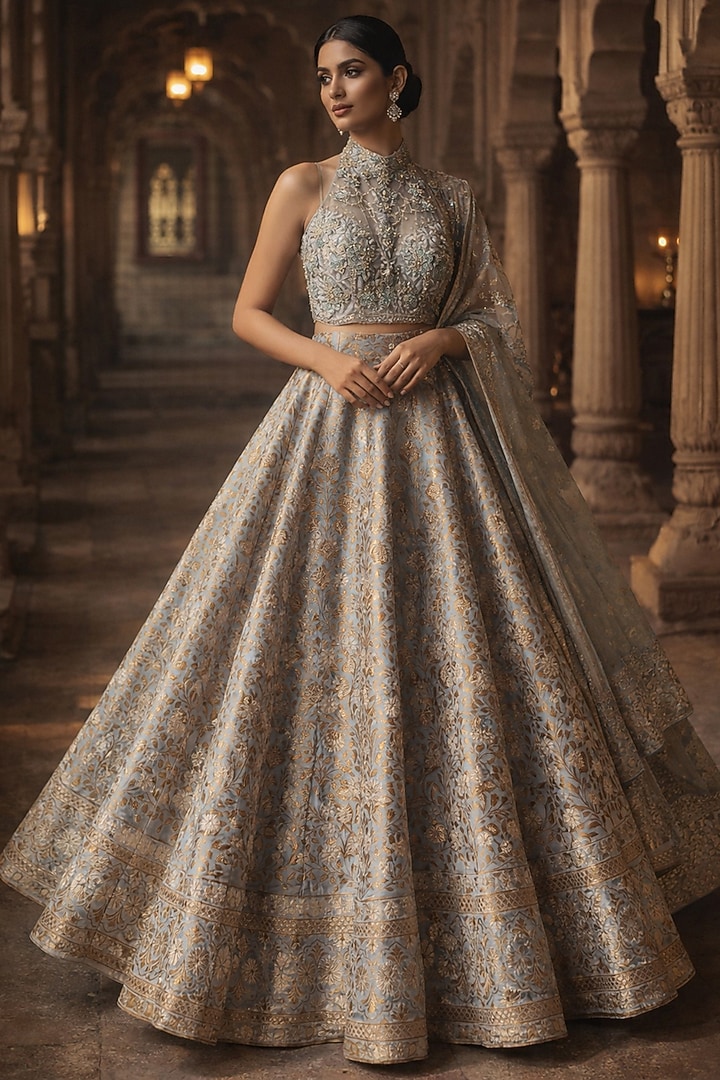 Powder Blue Silk Brocade Butta Printed & Hand Embroidered Wedding Lehenga Set by ORGANZZA at Pernia's Pop Up Shop