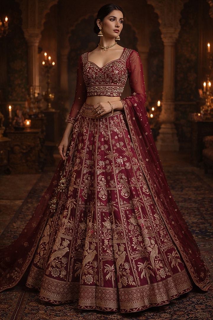 Maroon Silk Brocade Butta Printed & Hand Embroidered Wedding Lehenga Set by ORGANZZA at Pernia's Pop Up Shop