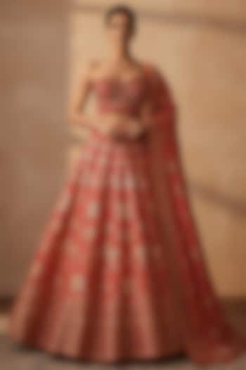 Coral Pink Silk Brocade Butta Printed Wedding Lehenga Set by ORGANZZA at Pernia's Pop Up Shop