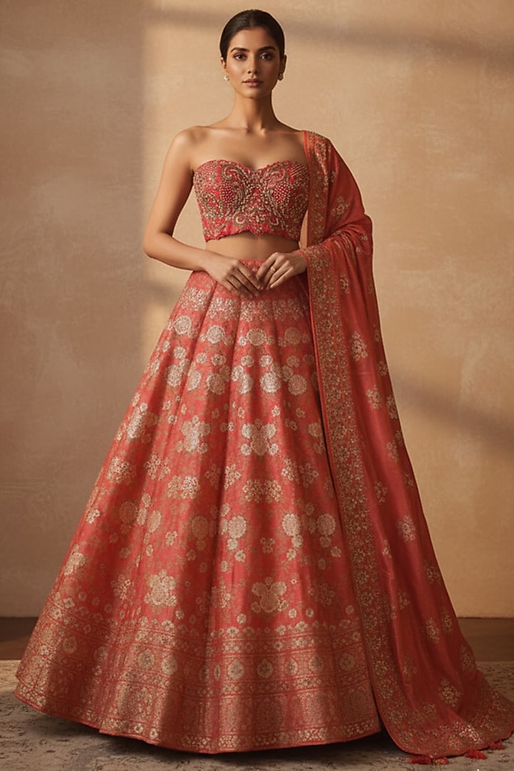 Coral Pink Silk Brocade Butta Printed Wedding Lehenga Set by ORGANZZA at Pernia's Pop Up Shop