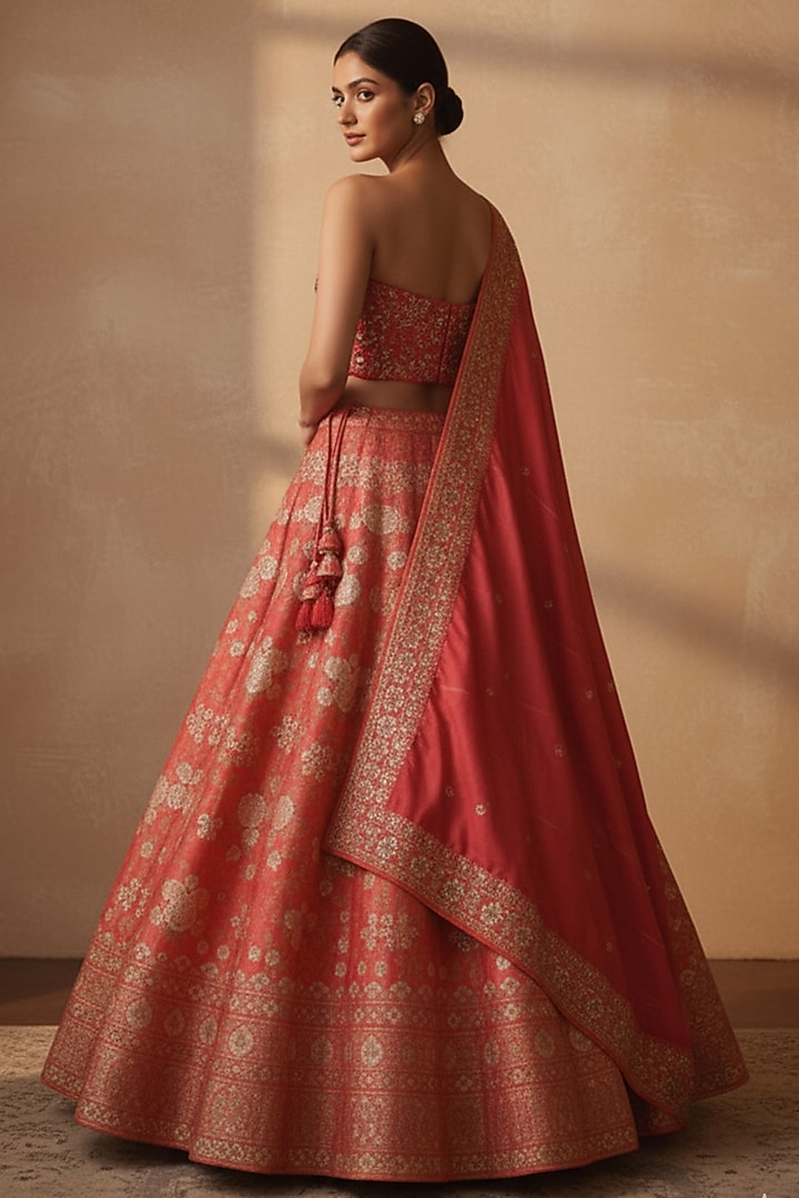 Coral Pink Silk Brocade Butta Printed Wedding Lehenga Set by ORGANZZA at Pernia's Pop Up Shop