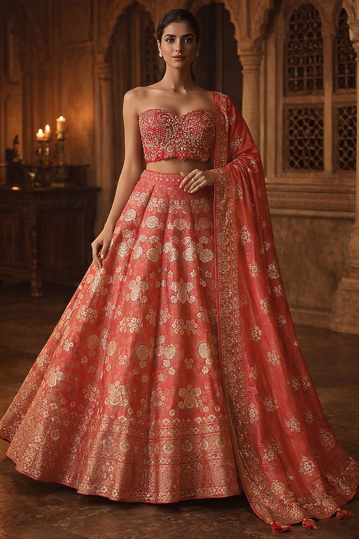 Coral Pink Silk Brocade Butta Printed Wedding Lehenga Set by ORGANZZA at Pernia's Pop Up Shop