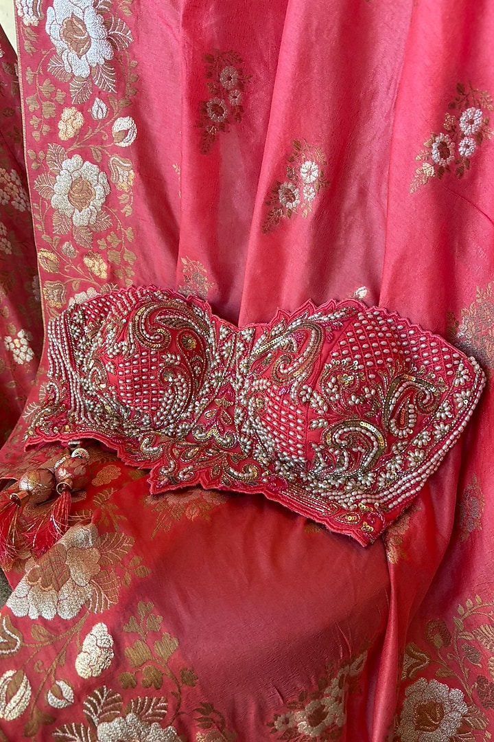 Coral Pink Silk Brocade Butta Printed Wedding Lehenga Set by ORGANZZA at Pernia's Pop Up Shop