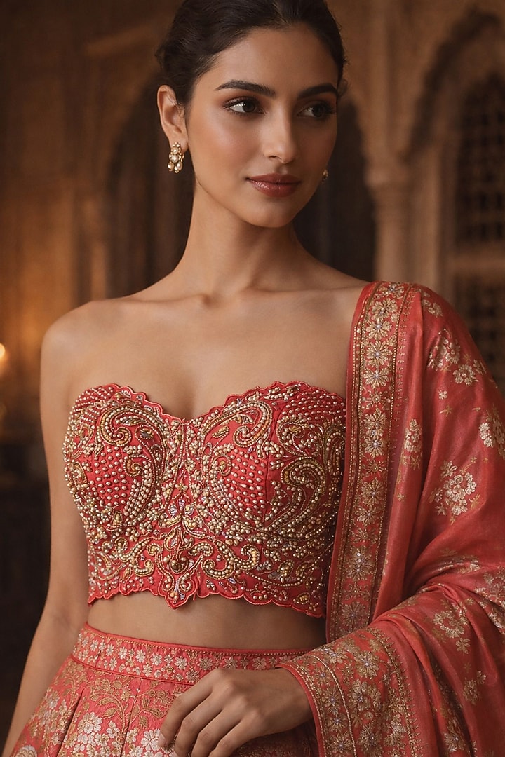 Coral Pink Silk Brocade Butta Printed Wedding Lehenga Set by ORGANZZA at Pernia's Pop Up Shop