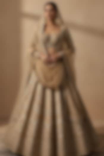 Champagne Gold Silk Brocade Butta Printed & Embellished Wedding Lehenga Set by ORGANZZA at Pernia's Pop Up Shop