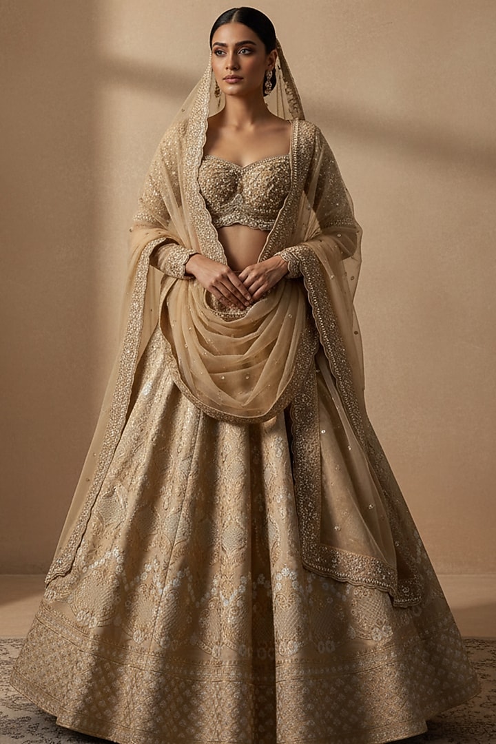 Champagne Gold Silk Brocade Butta Printed & Embellished Wedding Lehenga Set by ORGANZZA at Pernia's Pop Up Shop