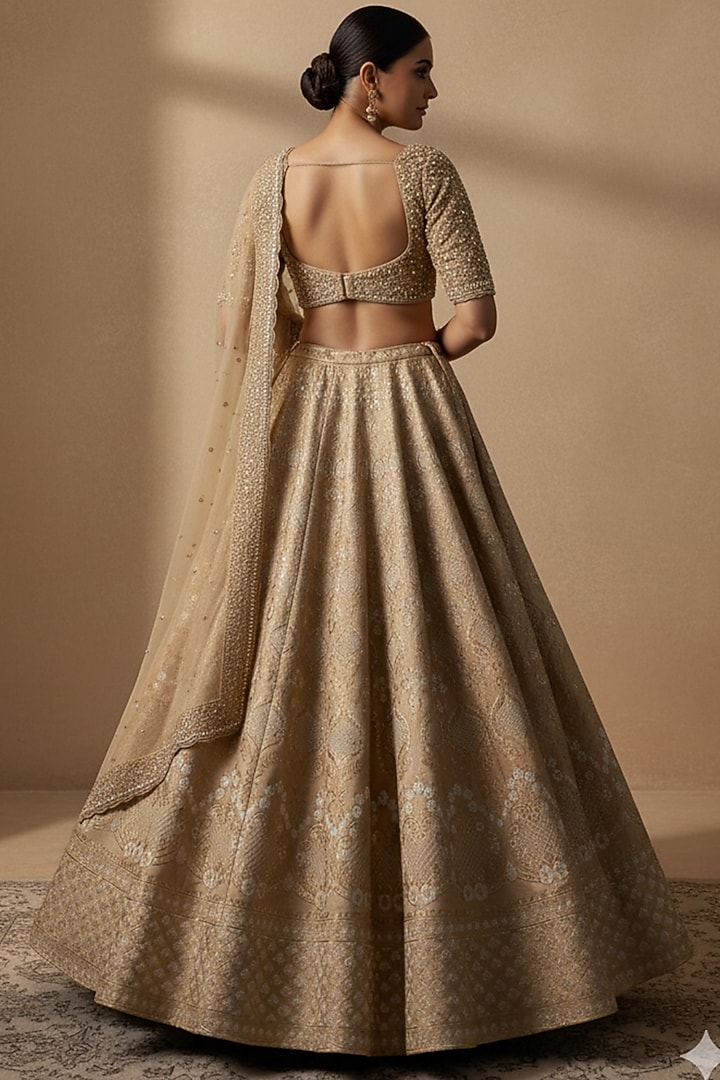 Champagne Gold Silk Brocade Butta Printed & Embellished Wedding Lehenga Set by ORGANZZA at Pernia's Pop Up Shop