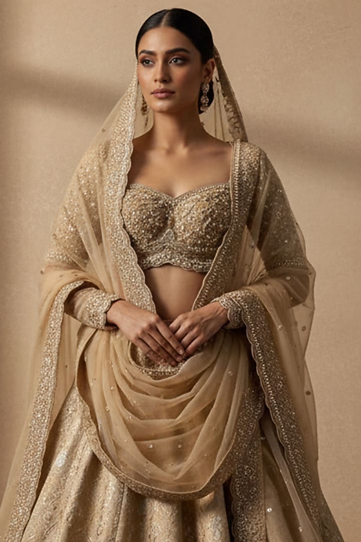 Champagne Gold Silk Brocade Butta Printed & Embellished Wedding Lehenga Set by ORGANZZA at Pernia's Pop Up Shop