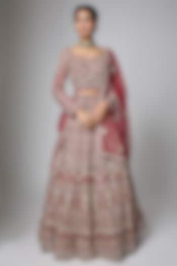 Red Crimson Silk Sequins Embellished Bridal Lehenga Set by ORGANZZA at Pernia's Pop Up Shop