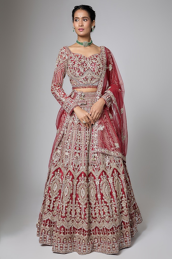 Red Crimson Silk Sequins Embellished Bridal Lehenga Set by ORGANZZA at Pernia's Pop Up Shop