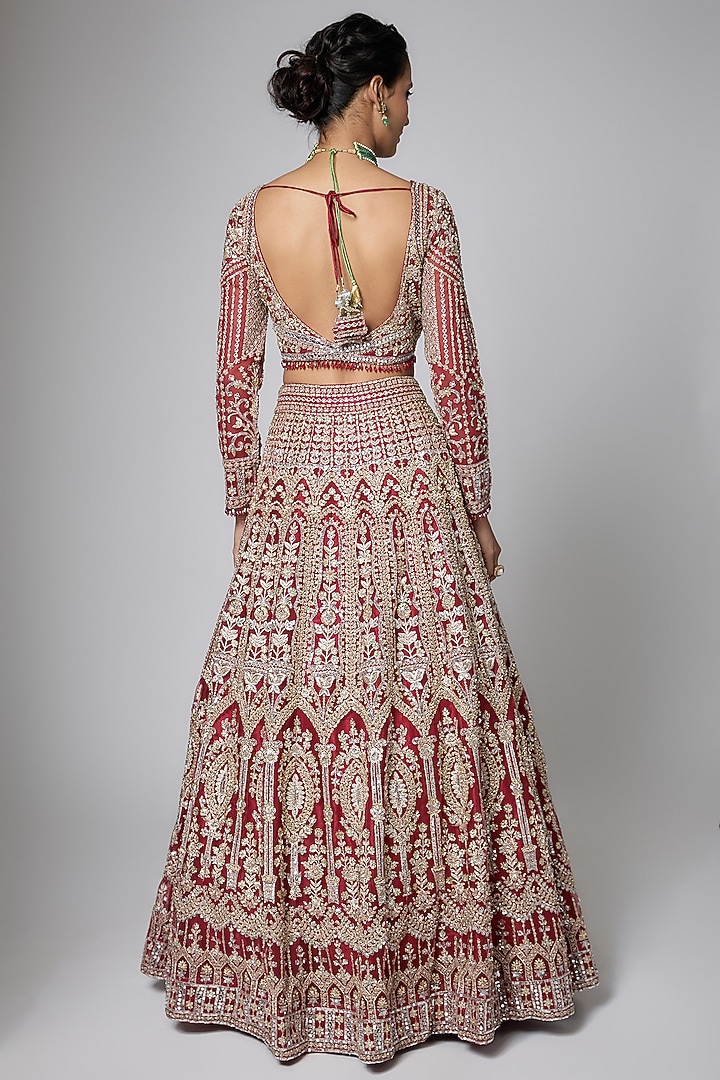 Red Crimson Silk Sequins Embellished Bridal Lehenga Set by ORGANZZA at Pernia's Pop Up Shop