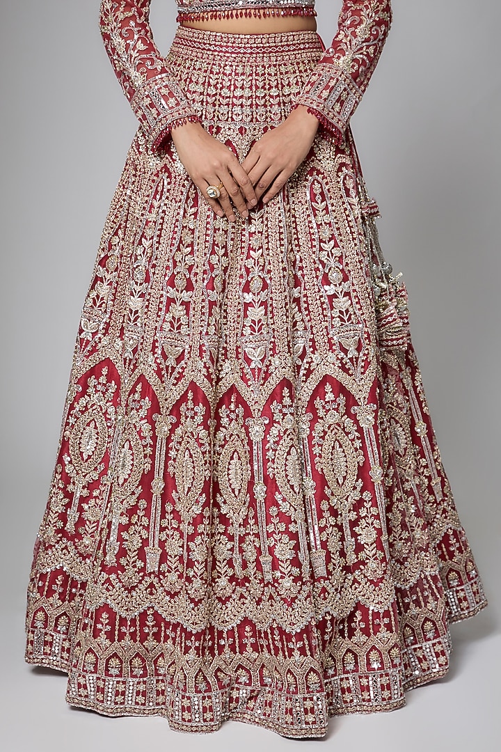 Red Crimson Silk Sequins Embellished Bridal Lehenga Set by ORGANZZA at Pernia's Pop Up Shop