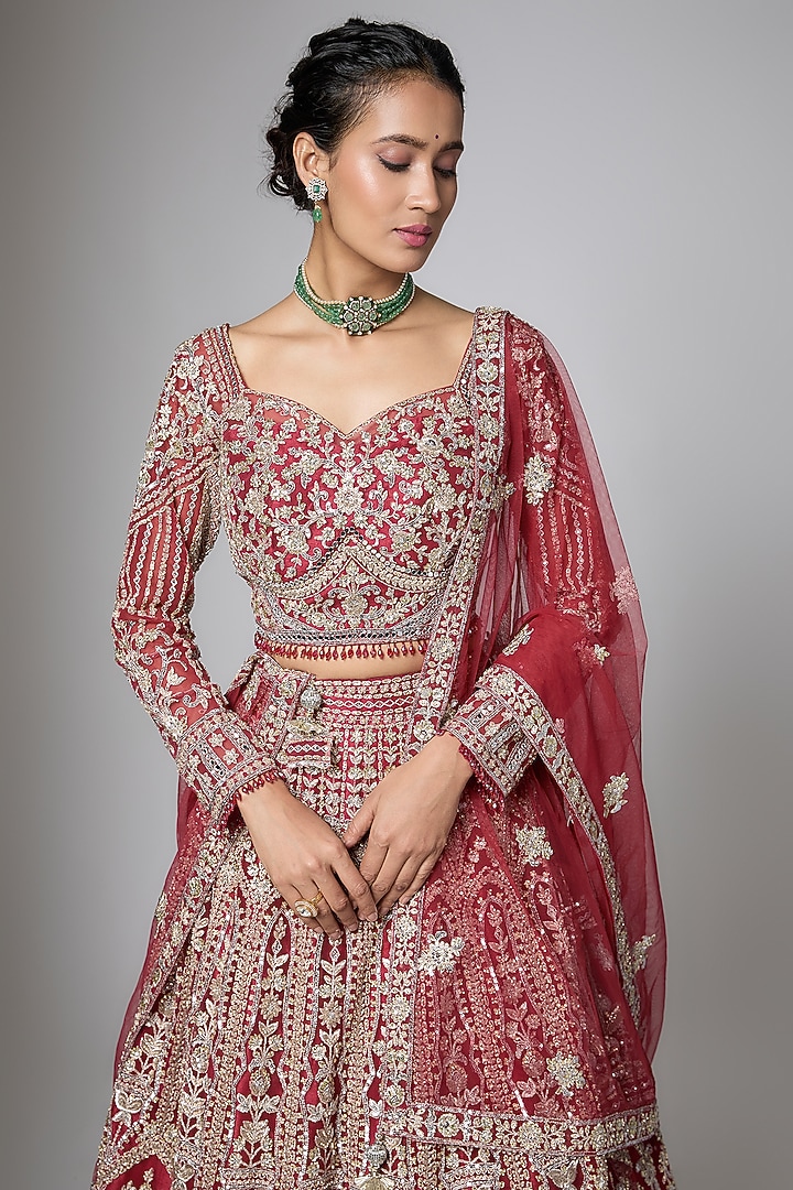 Red Crimson Silk Sequins Embellished Bridal Lehenga Set by ORGANZZA at Pernia's Pop Up Shop