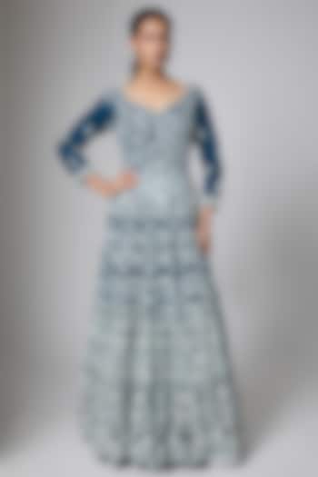 Navy Blue Silk Velvet Resham Thread Embroidered Engagement Gown by ORGANZZA at Pernia's Pop Up Shop