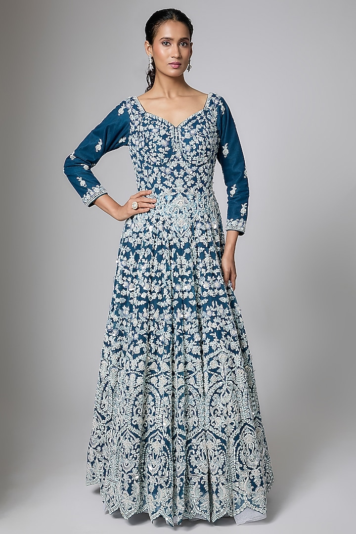 Navy Blue Silk Velvet Resham Thread Embroidered Engagement Gown by ORGANZZA at Pernia's Pop Up Shop