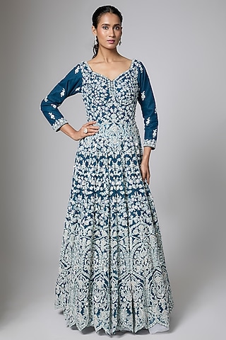 Navy Blue Silk Velvet Resham Thread Embroidered Gown by ORGANZZA