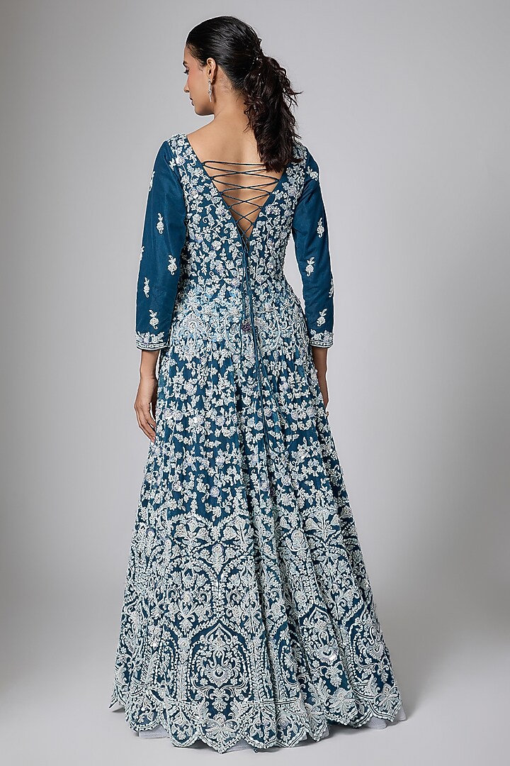 Navy Blue Silk Velvet Resham Thread Embroidered Engagement Gown by ORGANZZA at Pernia's Pop Up Shop