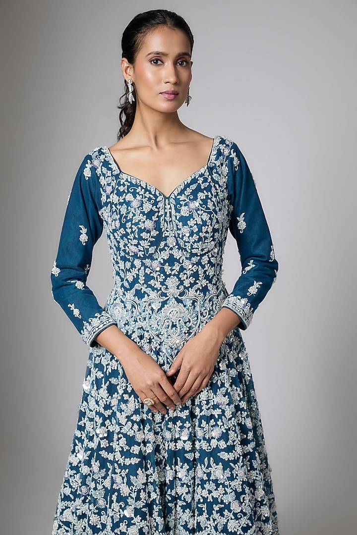 Navy Blue Silk Velvet Resham Thread Embroidered Engagement Gown by ORGANZZA at Pernia's Pop Up Shop