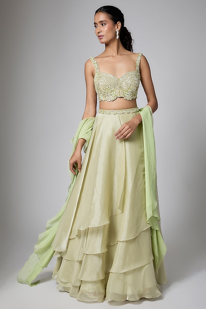 Mint Green Sheer Organza Sequins Embellished Wedding Lehenga Set by ORGANZZA at Pernia's Pop Up Shop
