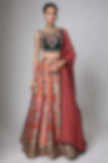 Vermillion Red & Rust Orange Silk Brocade Paisley Printed Wedding Lehenga Set by ORGANZZA at Pernia's Pop Up Shop