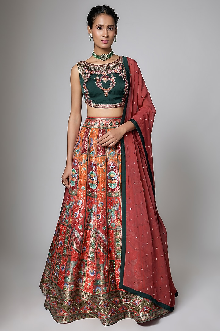 Vermillion Red & Rust Orange Silk Brocade Paisley Printed Wedding Lehenga Set by ORGANZZA at Pernia's Pop Up Shop