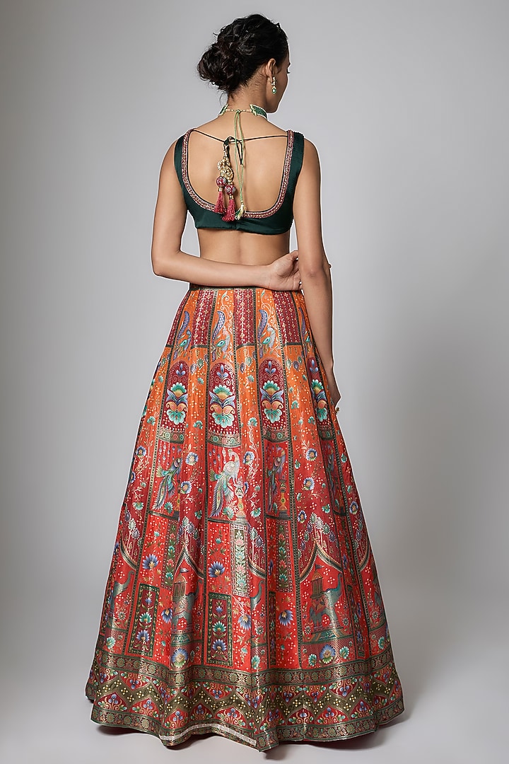 Vermillion Red & Rust Orange Silk Brocade Paisley Printed Wedding Lehenga Set by ORGANZZA at Pernia's Pop Up Shop