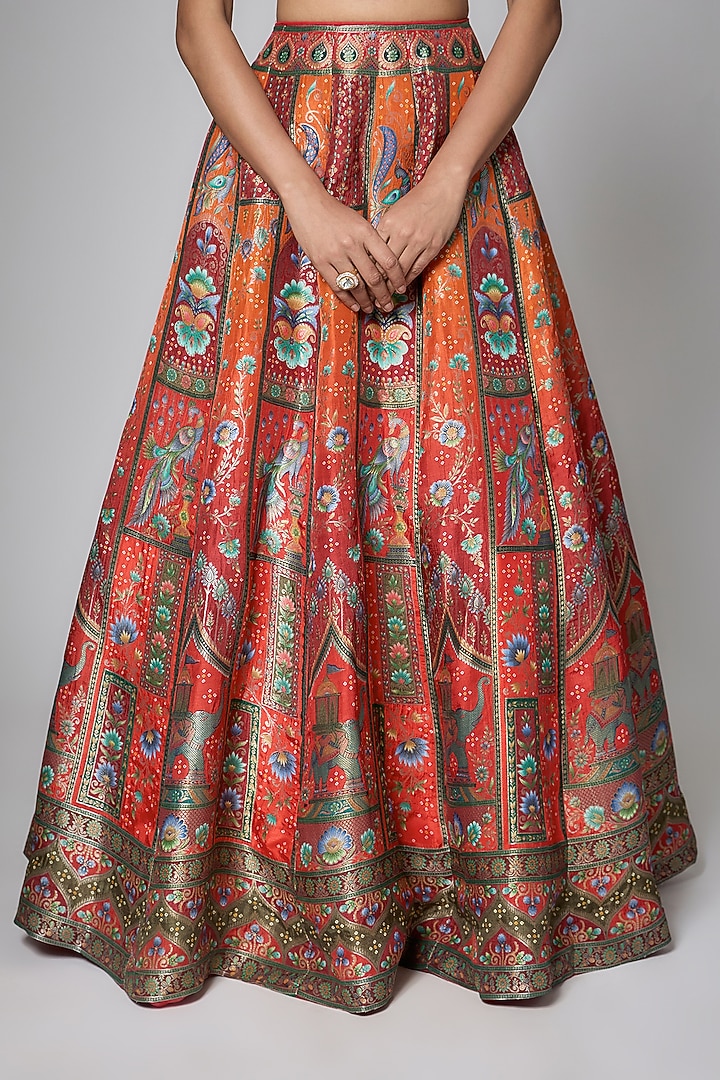 Vermillion Red & Rust Orange Silk Brocade Paisley Printed Wedding Lehenga Set by ORGANZZA at Pernia's Pop Up Shop