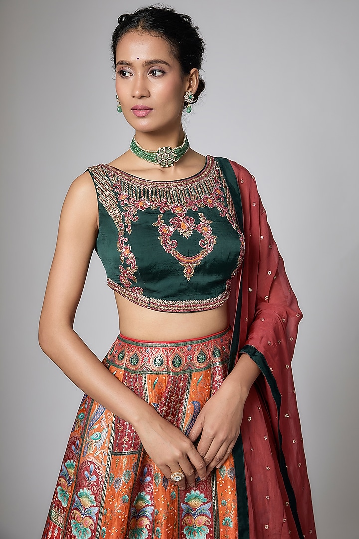 Vermillion Red & Rust Orange Silk Brocade Paisley Printed Wedding Lehenga Set by ORGANZZA at Pernia's Pop Up Shop