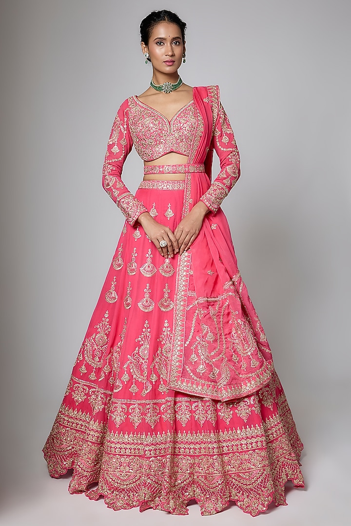Deep Crimson Red Silk Sequins Embroidered Wedding Lehenga Set by ORGANZZA at Pernia's Pop Up Shop