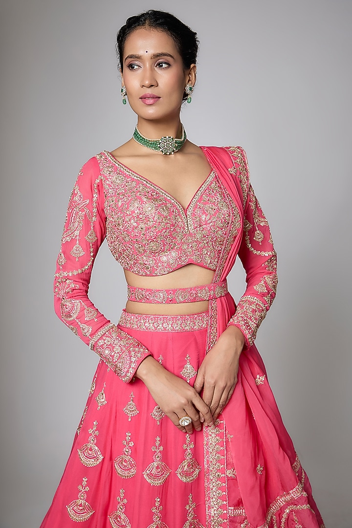 Deep Crimson Red Silk Sequins Embroidered Wedding Lehenga Set by ORGANZZA at Pernia's Pop Up Shop