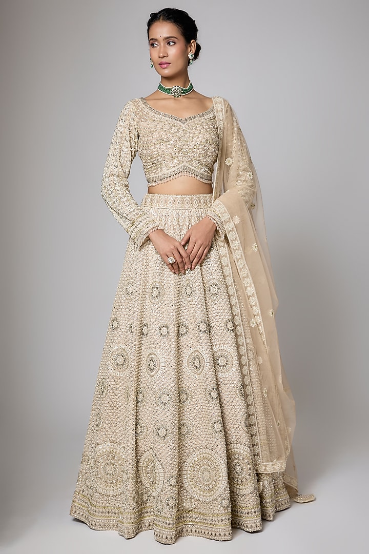 Peach Silk Brocade Zari Motif Work Bridal Lehenga Set by ORGANZZA at Pernia's Pop Up Shop