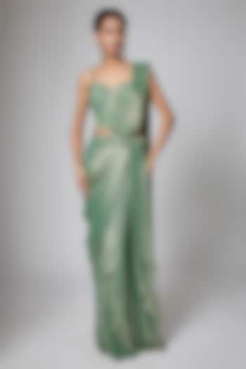 Rust Green Silk Blend Read-To-Wear Wedding Saree Set by ORGANZZA at Pernia's Pop Up Shop