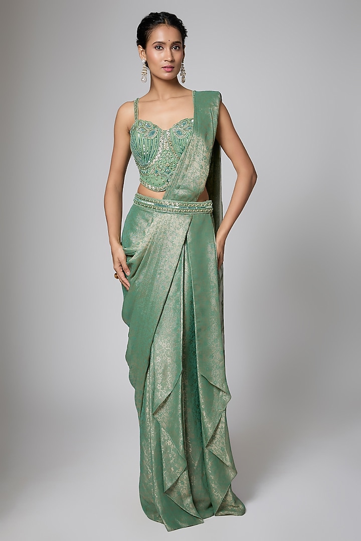 Rust Green Silk Blend Read-To-Wear Wedding Saree Set by ORGANZZA at Pernia's Pop Up Shop