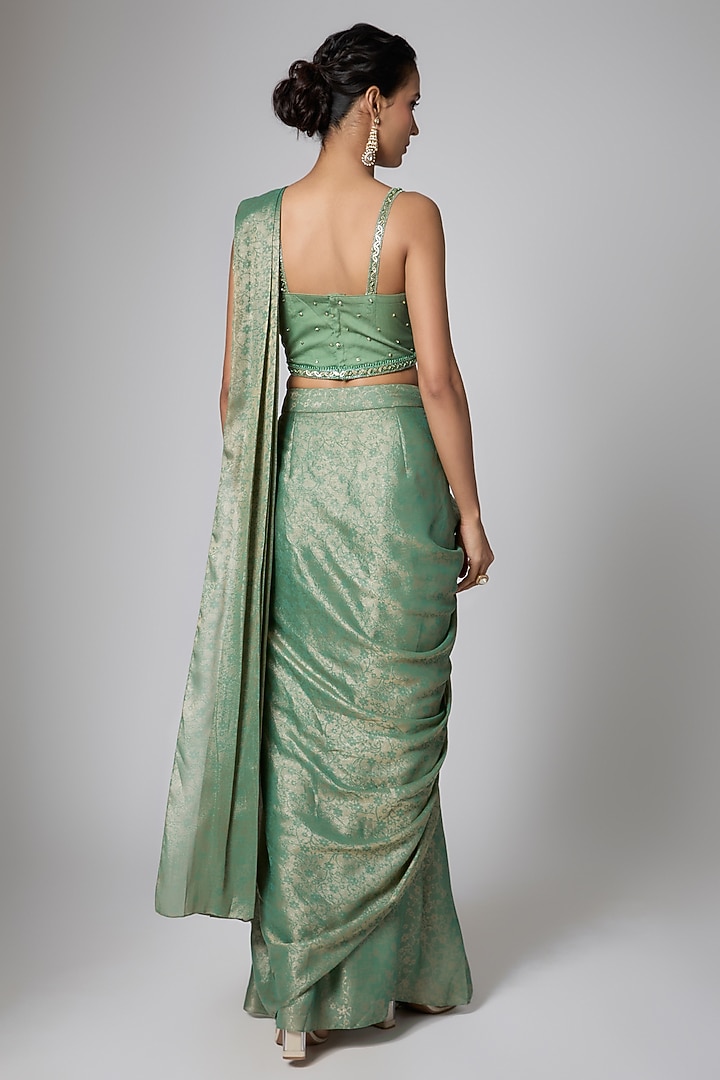 Rust Green Silk Blend Read-To-Wear Wedding Saree Set by ORGANZZA at Pernia's Pop Up Shop