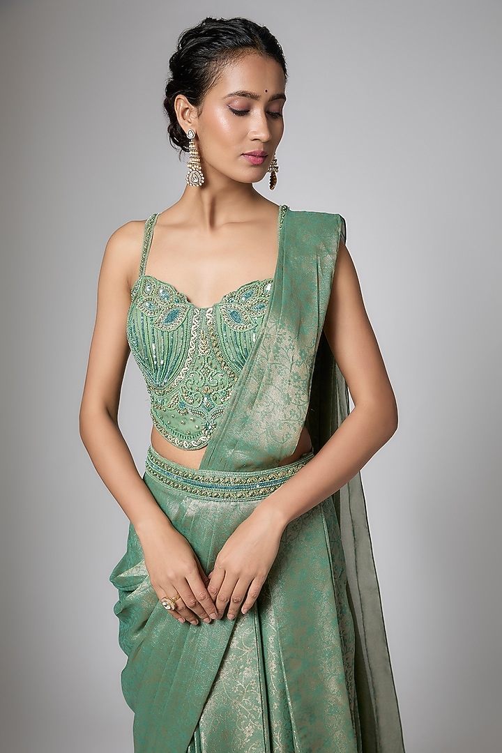 Rust Green Silk Blend Read-To-Wear Wedding Saree Set by ORGANZZA at Pernia's Pop Up Shop