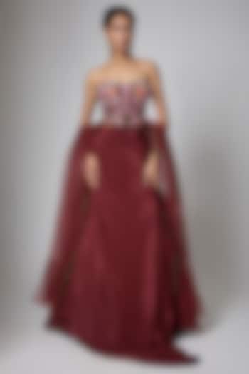 Burgundy Satin Floral Embroidered Wedding Lehenga Set by ORGANZZA at Pernia's Pop Up Shop