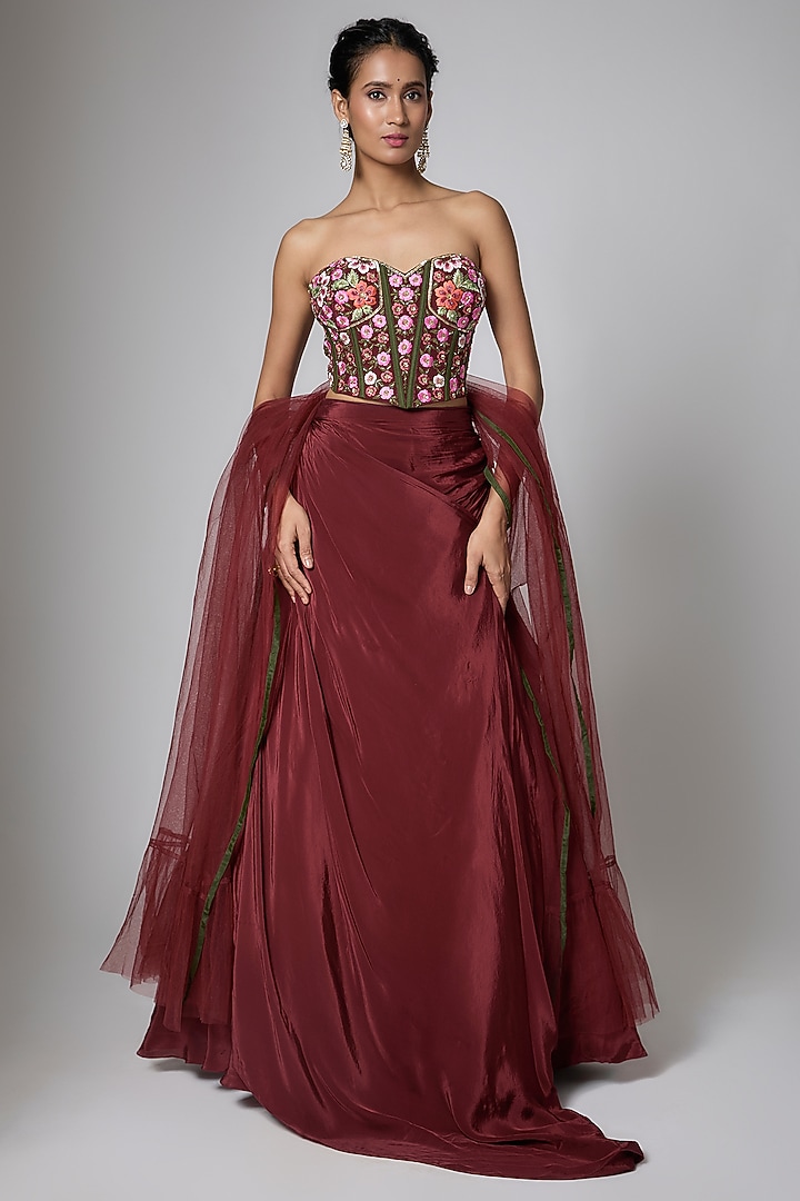 Burgundy Satin Floral Embroidered Wedding Lehenga Set by ORGANZZA at Pernia's Pop Up Shop