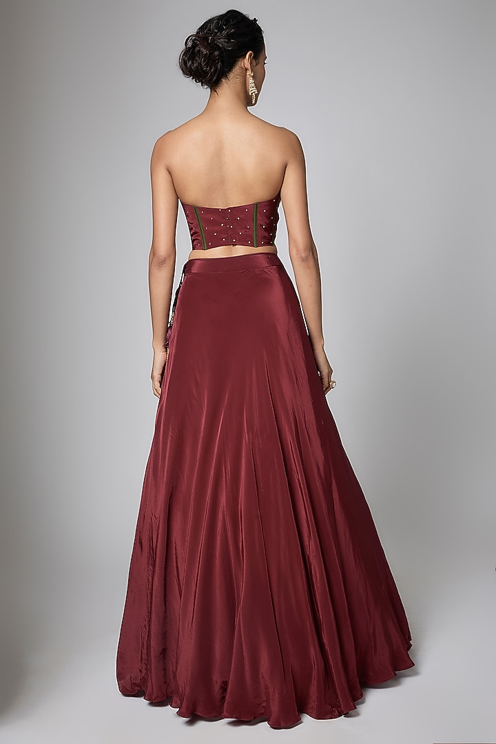Burgundy Satin Floral Embroidered Wedding Lehenga Set by ORGANZZA at Pernia's Pop Up Shop
