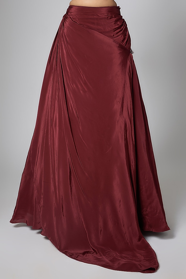 Burgundy Satin Floral Embroidered Wedding Lehenga Set by ORGANZZA at Pernia's Pop Up Shop