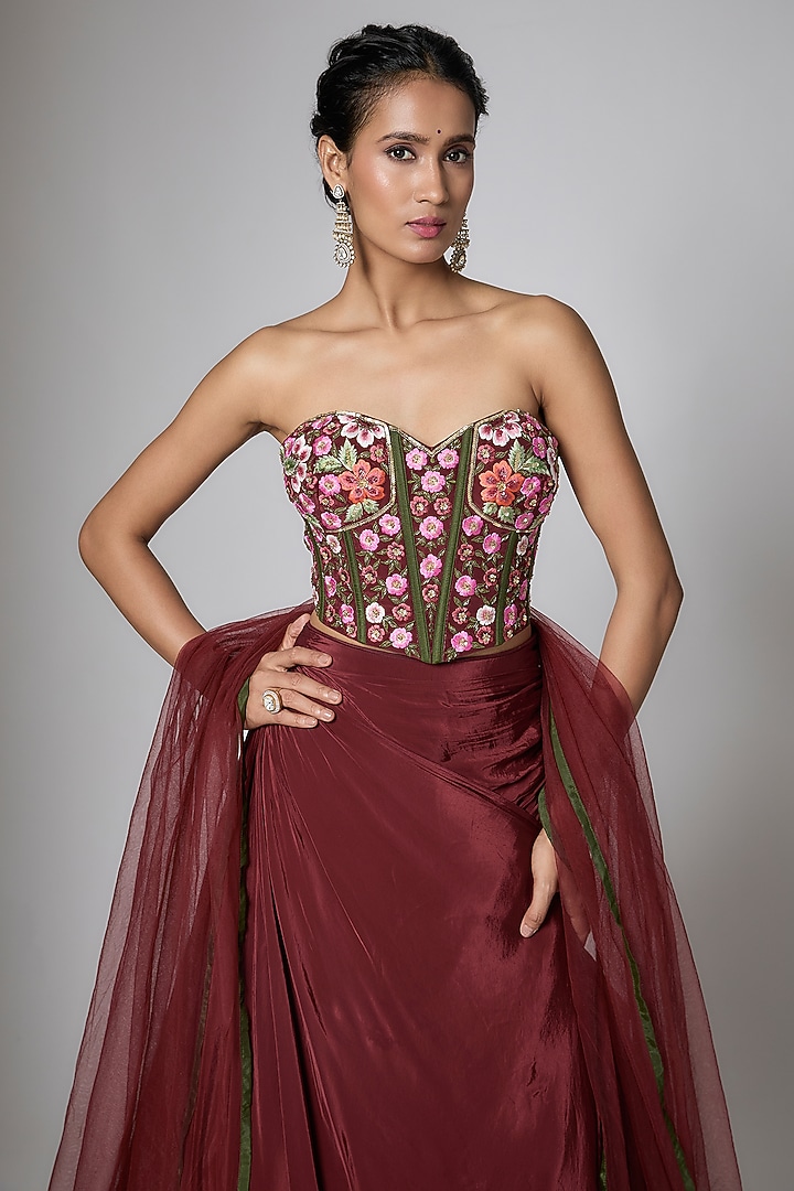 Burgundy Satin Floral Embroidered Wedding Lehenga Set by ORGANZZA at Pernia's Pop Up Shop