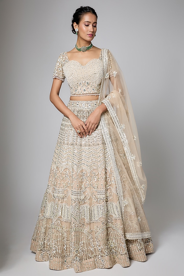 Peach Silk Brocade Zari Woven Motifs Work Wedding Lehenga Set by ORGANZZA at Pernia's Pop Up Shop
