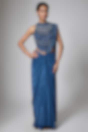 Midnight Blue Silk Blend Crystal Embellished Ready-To-Wear Wedding Saree Set by ORGANZZA at Pernia's Pop Up Shop