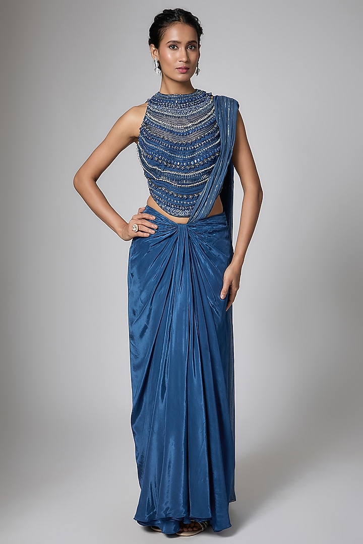 Midnight Blue Silk Blend Crystal Embellished Ready-To-Wear Wedding Saree Set by ORGANZZA at Pernia's Pop Up Shop