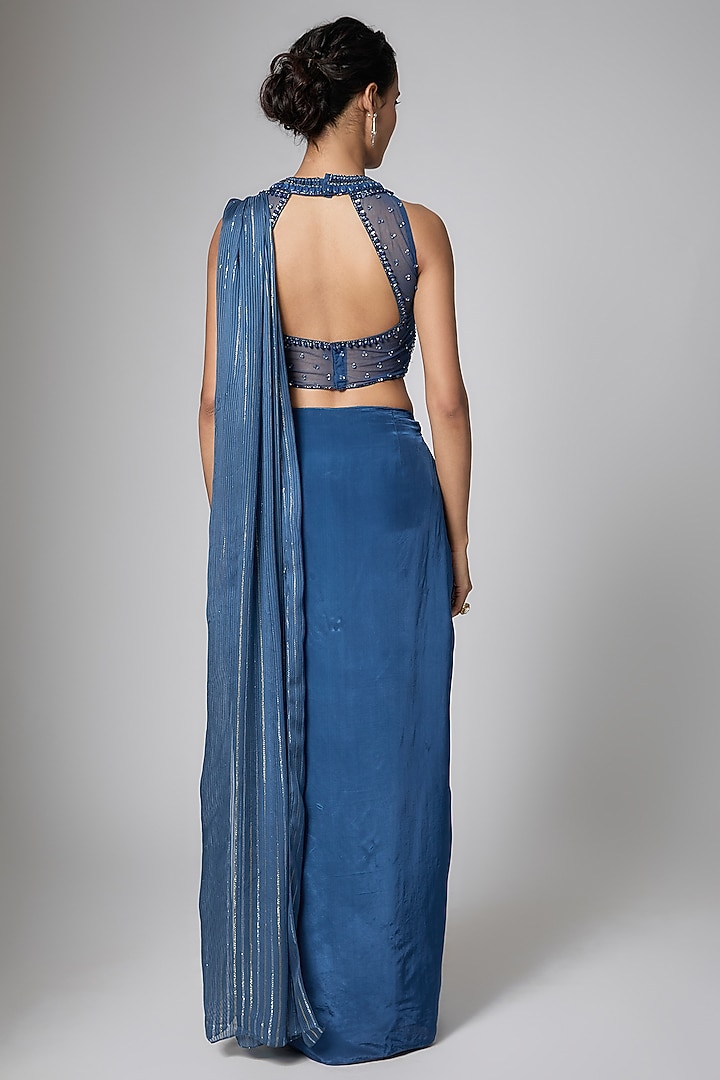 Midnight Blue Silk Blend Crystal Embellished Ready-To-Wear Wedding Saree Set by ORGANZZA at Pernia's Pop Up Shop