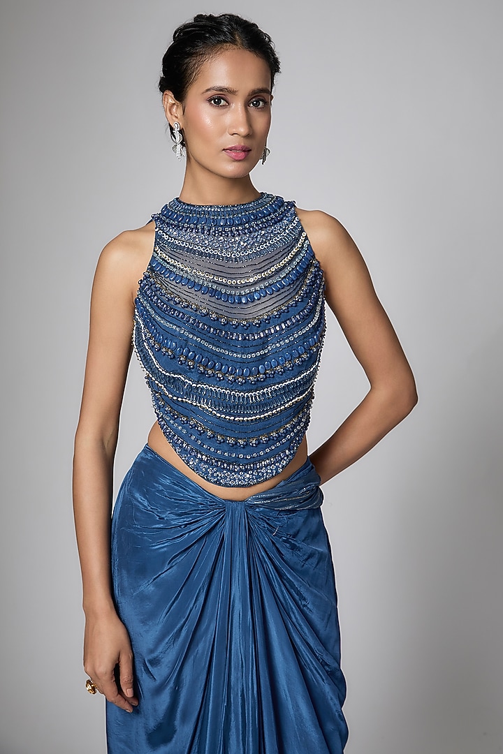Midnight Blue Silk Blend Crystal Embellished Ready-To-Wear Wedding Saree Set by ORGANZZA at Pernia's Pop Up Shop