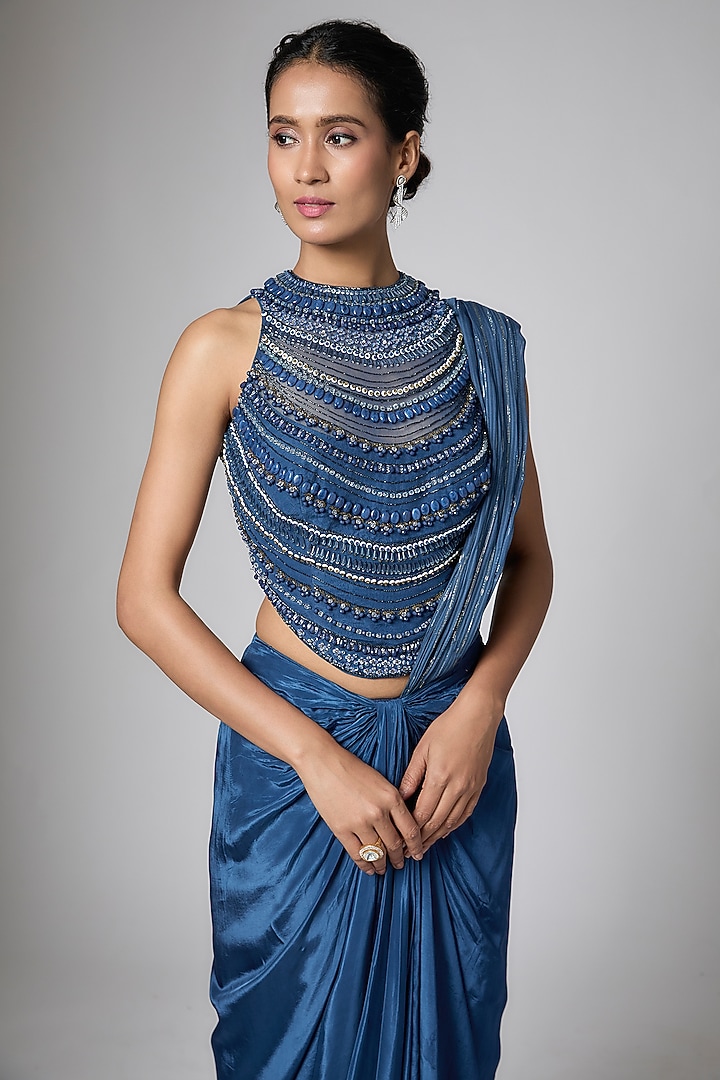 Midnight Blue Silk Blend Crystal Embellished Ready-To-Wear Wedding Saree Set by ORGANZZA at Pernia's Pop Up Shop